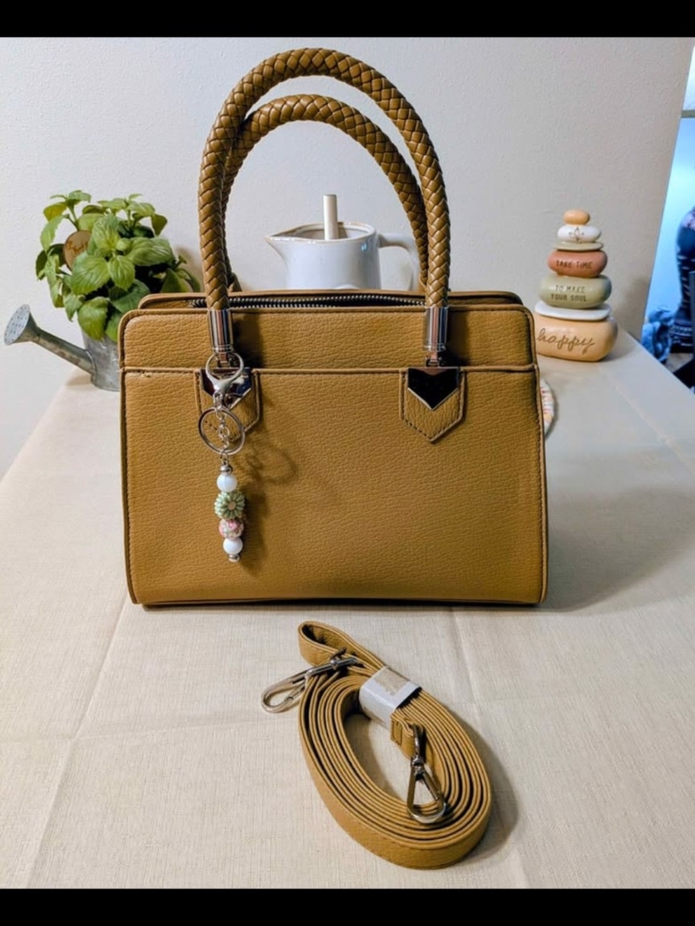 Braided-Handle Satchel/Crossbody Handbag Camel Colored With Charm